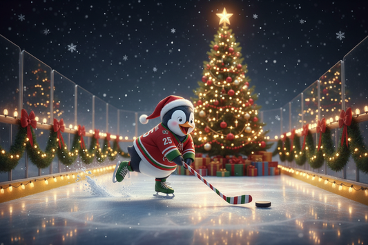 a penguin playing hockey during xmas